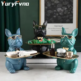 YuryFvna French Bulldog Figurine with Tray Sculpture Desk Storage Statue Decorative Coin Bank Home Room Abstract Art Decoration 240319