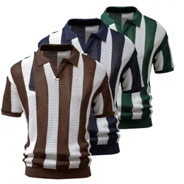 Yaz Çizgili Polo Gömlek Erkekler için Günlük Pamuk Tişört Formal Sosyal Gömlek Adam Kısa Kollu Polo T-Shirts Business Top Bluses 240307CJ