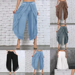 Kadın Pantolon Capris Lady Wear Mori kız elastik bel cloghet geniş bacak buzağı boyu pamuklu pantolon hippi boho kadınlar Del dhe3r