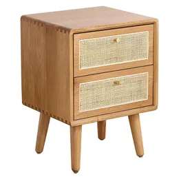 Olusmane Nightstand Easy Assembly Solid Oak Wood Wood Mid Century Modern Night Stand with 2 Rattan Skiners Small Bed Side Sturdydual 15.75 "L 13.78" W × 21.26