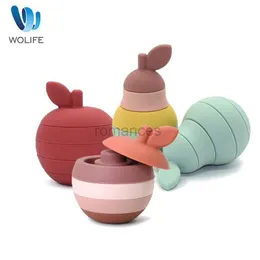 Classificando brinquedos de empilhamento de nidificação WOLIFE 5 Pçs/set de blocos de construção de silicone dentes de bebê maçã pêra macio educacional brinquedo Montessori empilhamento 24323
