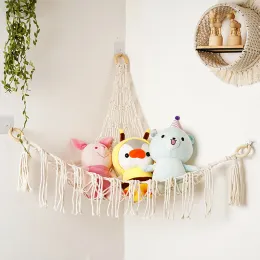 Racks Animal Toy Macrame Shelf Wall Hängande stor macrame Toy Hammock Organizer Display Holder Net For Kids Bedroom Nursery Decor