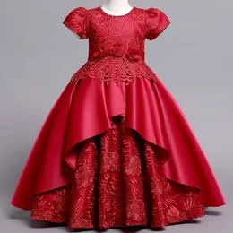 Elegant Princess Lace Dress Kids Bourgogne Flower Girl Dresses Vintage Children for Christmas Party Red Ball Gown 240309