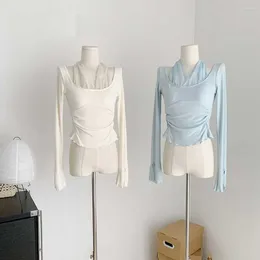 Women's T Shirts White Top Female 2024 Autumn Net Gauze Base Shirt Draw-pleated Waist U-collar Chic Clothing