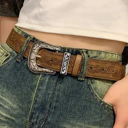 Belts Retro Floral Carving Belt With Vintage Feel Western Jeans Brown Embossed European American Spicy Girl Personality