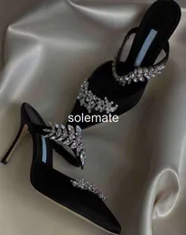 Luxus Sandalen Schuhe für Frauen High Heels Blatt Kristall verzierte Satin Pantoletten Riemchen Hausschuhe Sexy Spitzschuh Marke Pumpen EU35-40