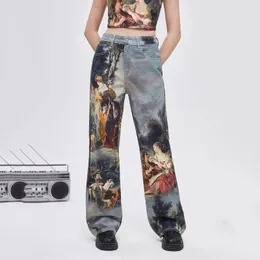 Kvinnors jeans max tryckt lösa kvinnor harajuku elastisk hiphop -denim byxor damer casual harem amerikanska retro breda benbyxor
