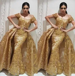 Gold Prom sukienki Yousef Aljasmi Dubai Arabska suknia wieczorowa Labourjoisie Suknie Orskirt Odłączany pociąg szampana syrena 7737861