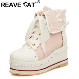 Stövlar Reave Cat 2022 Sweet Ankle Boots Lolita Appliques Platforms Lace Up Candy Color Cosplay Thick Sole Shoes Pink Beige Red A4523