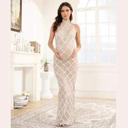 Halter Stretchy Mesh Maternity Pography Props Long Dress Sleeveless Skinny Pregnancy Po Shootting 240309