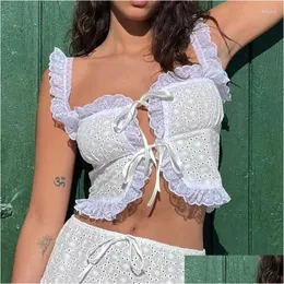 Womens Tanks Camis 2000S Retro Lace Trim Front Tie Up Crop Tops Boho Beach Holiday Hollow Out Spaghetti Strap Top Fairy Cottage Y2K Vi Ot5Ms