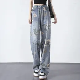 Jeans femininos pintados mulheres 2024 primavera e outono calças largas impressas estilo chinês design sentido nicho reto