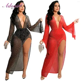 Casual Dresses Sexig Sheer Mesh Patchwork Sequin Flare Lång ärm se genom Party Club Xmas Dress Women V Neck High Split outfit