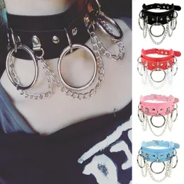 Vintage Punk Goth Choker Studded Rivet PU Leather Collar Necklace Punk O Ring Chain Neck Cuff Necklace With Spikes Adjustable VCK106