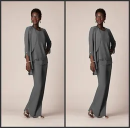 2020 Gri ​​Şifon Resmi Pantolon Takımları Anne Damat Elbiseleri Akşam Giyim Giyim, Ceketli Gelin Elbiselerinin Uzun Annesi Artı Boyut 1208288