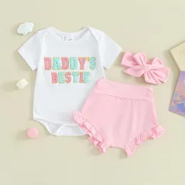 Kläduppsättningar födda babyflickor set söt fuzzy brev sommardräkt för barn kort ärm broderi romper shorts pannband kläder