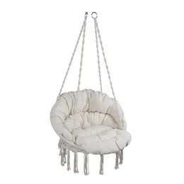 Hammock Chair, Max 330 Lbs Hanging Cotton Rope Hammock Swing Chair for Indoor and Outdoor with Cushion ,Beige