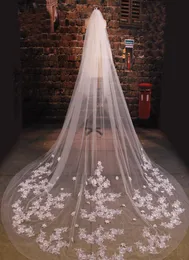 Chegam novas noiva véu longo comprimento elegante renda frisado longo véu de casamento moda longo casamento véu4616375