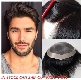 Toupees Toupee For men Hair Pieces For Mono Human Hair Toupee Men Hair Piece Poly Skin Around Hair System Durable 1BColor 8inch In Stock