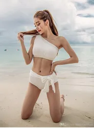 white chiffon swimsuit female two piece One shoulder bikini set 2020 Bandeau swimwear women High cut bathing suit 002