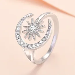 2024 Новое кольцо из 14-каратного белого золота с кристаллами Солнца и Луны для женщин и девочек, модные простые обручальные кольца, элегантные женские украшения, подарки на день рождения