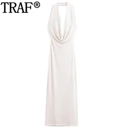 Traf Halter Long Dresses for Women Ruched Off Shoulder Party Woman Metallic Thread Summer Dress Backless Sexy Prom 240320