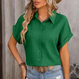 Kvinnors blusar Autumn Women Shirt Stylish Spring Summer Shirts Lapel Kort ärm Solid Color V Neck rullar upp för henne