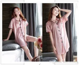 Ice silk pajamas ladies sexy pajamas comfortable increase simulation silk loose lapel shirt short-sleeved home service 008