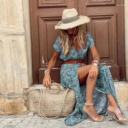 Casual Dresses Boho Paisley Print Dress Women Elegant V Neck Short Sleeve Belt Large Hem Long 2024 Summer Vintage Beach Party Maxi