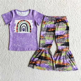 Set di abbigliamento Estate Bambini Ragazza Viola Floreale Pantaloni a campana Pantaloni all'ingrosso Fashion Design Boutique Outfit