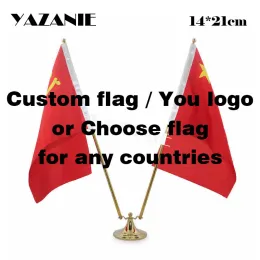 Accessoires Yazanie 14*21cm Sie Logo benutzerdefinierte Flag -Länder Flaggen Pole Halter Stand Basis Desktop Stick Desk Office Flags Flagmpole Metall