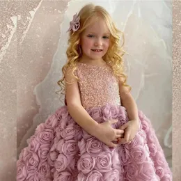 Girl Dresses Beaded Flower Accents Lace Dress A-line Tulle Puffy Princess First Communion Gown Bow Belt Christmas Party
