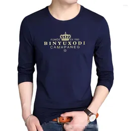 メンズTシャツbinyuxd秋のメンズブランドシャツ長袖フィットネス快適なクラウンプリントTシャツOネックコットンスポーツウェア