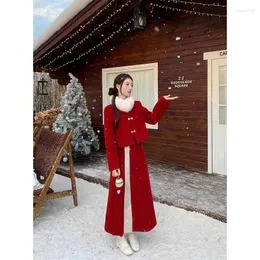 Work Dresses Chinese Style Girl Suit Women's Winter Cotton Thickened Woolen Jacket Traditional Skirt Two-piece Set Fashion Female Clothes