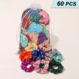 60pcsbag cetim cabelo scrunchies para mulheres meninas laços elásticos de seda bandana preto vermelho rosa acessórios conjunto 240313