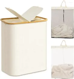 Tvättpåsar Joy Double Hamper med lock avtagbart Beige 140L stor korg bambu hanterar 2 sektion smutsig