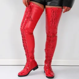 Stiefel heiß rote vordere Schnürung rund Zeh über den Kniestiefeln Winter Antislip Low Square Ferse Sexy Frauen Boots Oberschenkel Größe 43