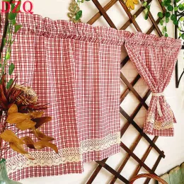 Cortinas haste bolso algodão linho coreano doce vermelho xadrez cortinas curtas para cozinha xadrez renda meia cortina para porta decoração de casa # a420