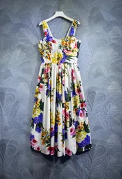 2024 Spring Multicolor Floral Print Dress Sleeveless Slash Neck Midi Casual Dresses F4M061403