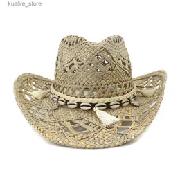 Chapéus de aba larga Chapéus de balde Angelica Chapéu de cowboy ocidental tecido à mão Grama salgada Novo chapéu de palha natural Viseira de sol para mulheres homens elegantes com cinto L240322