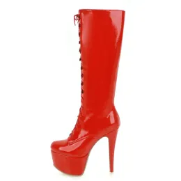 أحذية حمراء الركبة عالية الأحذية منصة نساء مثير الكعب العالي الشتاء الحذاء الدانتيل الأسود الأبيض الأحذية عالية الأحذية أحذية كبيرة الحجم 48