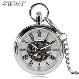 Pocket Watches SHUHANG New Mechanic 2017 Men Automatic Self Winding Pocket Silver Simple Open Face Chain Pendant with Roman Number L240322