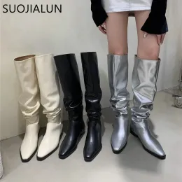 Boots SUOJIALUN 2023 Winter New Brand Women Long Boots Fashion Pleated Slip On Knee High Boots Shoes Suqare Low Heel Knight Boots Sho