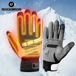 ROCKBROS Quente Bicicleta Mulheres Mens Luvas Inverno SBR Touch Screen USB Luvas Aquecidas À Prova de Vento Plam Respirável Motor E-bike Luvas 240319