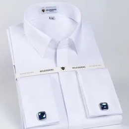 Mens Classic French Cuff Hiden Button Dress Shirt Long-Sleeve Formal Business Standard-Fit White Shirts Manschettknappar Inkluderade 240320