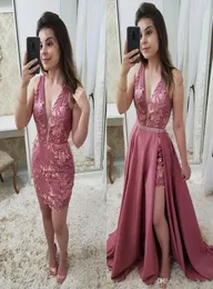 2019 Dusty Rose Detachable Train Prom Dresses V Neck Leeveless Plus 크기 레이스 아플리크 구슬 칵테일 드레스 7400519