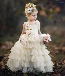 Kız Elbiseler Fildişi Beyaz Çiçek Katmanlı Sırtsız Çocuklar Giyim Kutsal İlk Cemaat