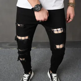 Homens streetwear rasgado remendo calças de brim finas elegantes buracos masculinos casual lápis calças jeans 240311