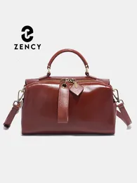 Zency Oil Wax Leather Vintage Green Handbag Elegant Women Shoulder Bag Satchel Wide Strap Boston Bag Crossbody Strap Purse 240314