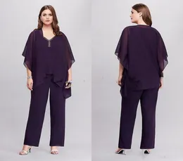 Purple Three Pieces Flowy Plus Size Pantsuit with Asymmetrical Jacket 2018 New Custom Make Mother of the Bride Groom Pant Suit Gow3983470